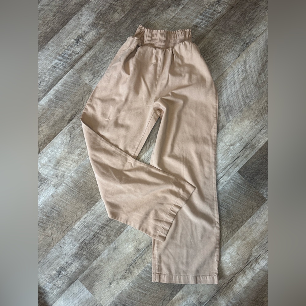 Tan Gathered Elastic Waist Linen Blend Trousers